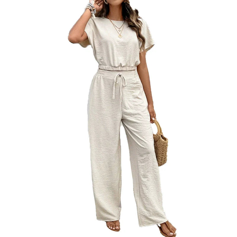 Short Sleeve Top Loose Straight Leg Pants Two Piece Set For Women