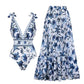 Sexy V-Neck Printed One-Piece Swimsuit & Skirt 2-Piece Set