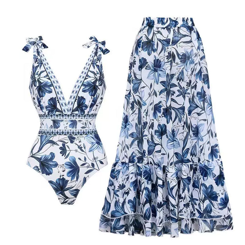 Sexy V-Neck Printed One-Piece Swimsuit & Skirt 2-Piece Set