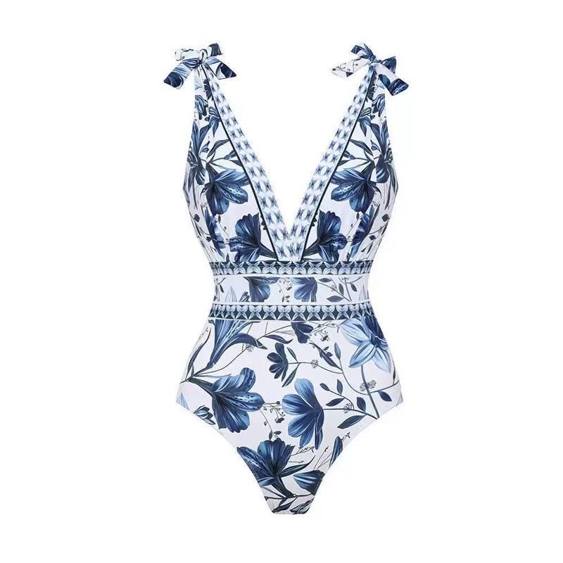 Sexy V-Neck Printed One-Piece Swimsuit & Skirt 2-Piece Set