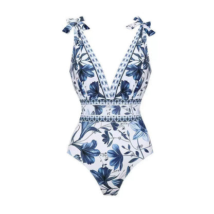 Sexy V-Neck Printed One-Piece Swimsuit & Skirt 2-Piece Set