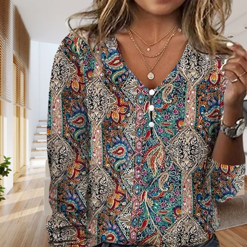 Women's Relaxed Long Sleeve Blouse with V-Neck and Boho Print