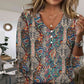 Women's Relaxed Long Sleeve Blouse with V-Neck and Boho Print