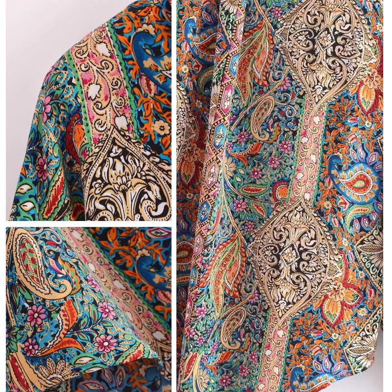 Women's Relaxed Long Sleeve Blouse with V-Neck and Boho Print