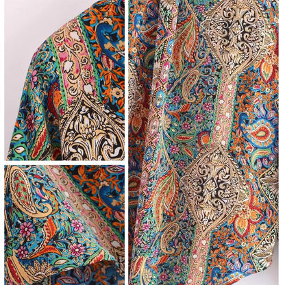 Women's Relaxed Long Sleeve Blouse with V-Neck and Boho Print