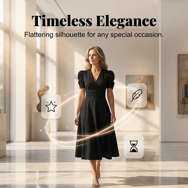 Elegant V-Neck High Waist Dress with Puff Sleeve