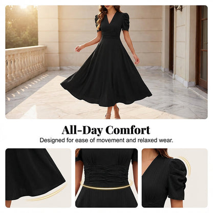 Elegant V-Neck High Waist Dress with Puff Sleeve