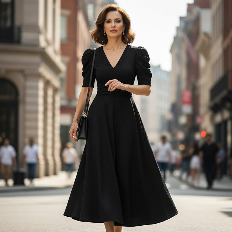 Elegant V-Neck High Waist Dress with Puff Sleeve