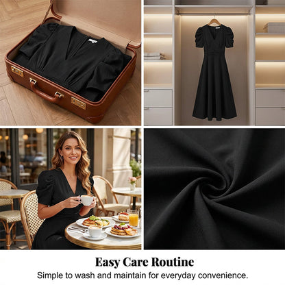 Elegant V-Neck High Waist Dress with Puff Sleeve