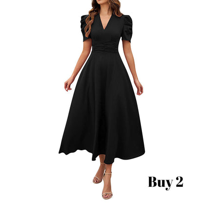 Elegant V-Neck High Waist Dress with Puff Sleeve