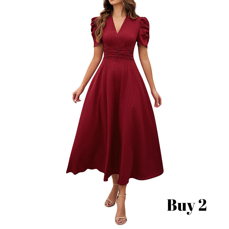 Elegant V-Neck High Waist Dress with Puff Sleeve