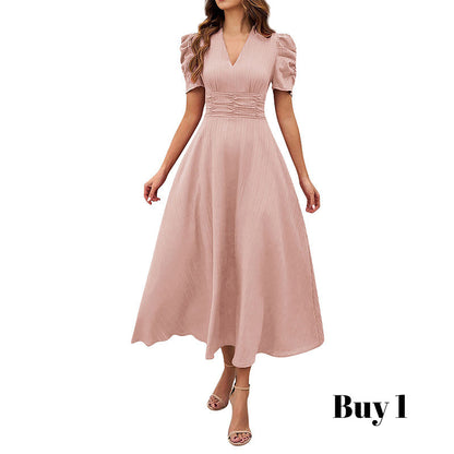 Elegant V-Neck High Waist Dress with Puff Sleeve