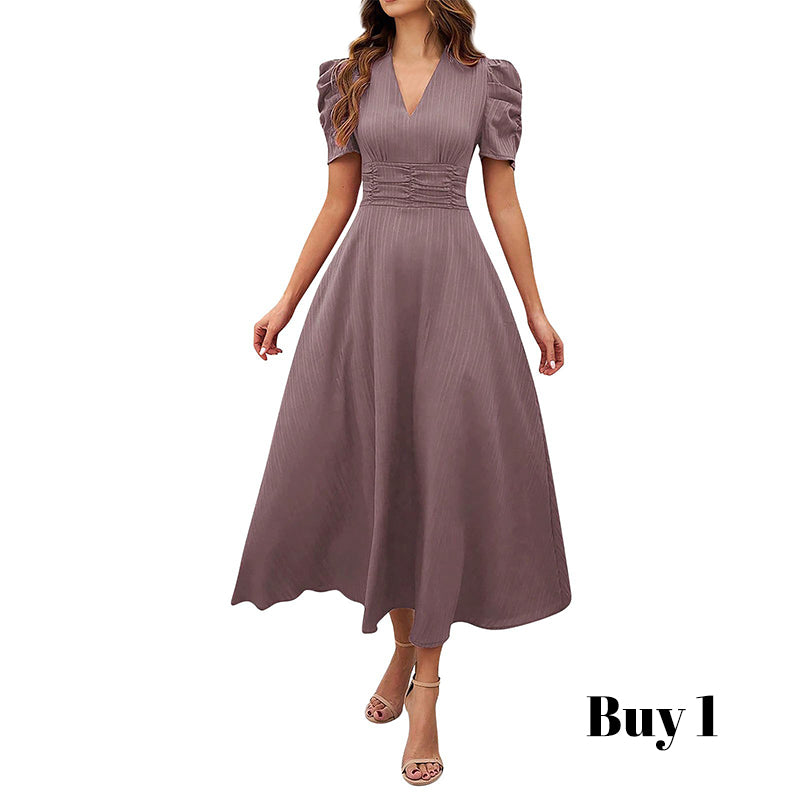 Elegant V-Neck High Waist Dress with Puff Sleeve
