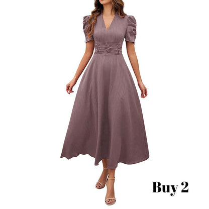 Elegant V-Neck High Waist Dress with Puff Sleeve