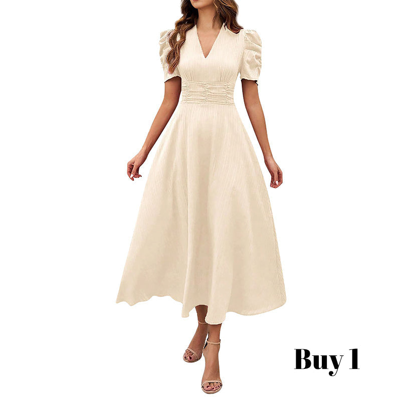 Elegant V-Neck High Waist Dress with Puff Sleeve