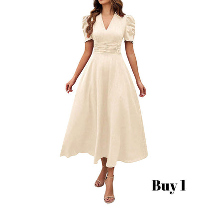 Elegant V-Neck High Waist Dress with Puff Sleeve