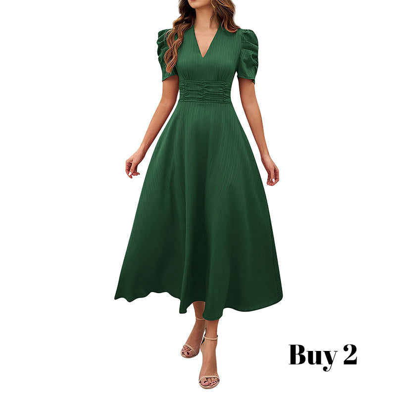 Elegant V-Neck High Waist Dress with Puff Sleeve