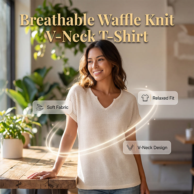 Women's Casual V Neck Waffle Knit T-Shirt