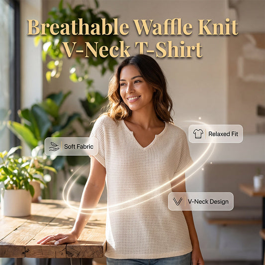 Women's Casual V Neck Waffle Knit T-Shirt