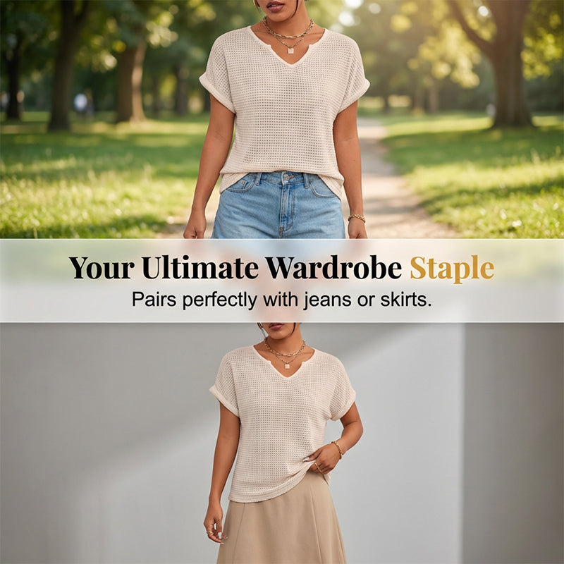 Women's Casual V Neck Waffle Knit T-Shirt