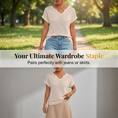Women's Casual V Neck Waffle Knit T-Shirt