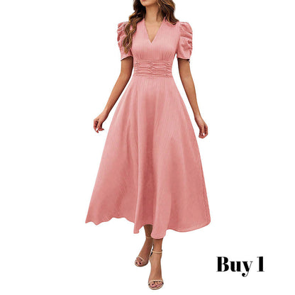 Elegant V-Neck High Waist Dress with Puff Sleeve