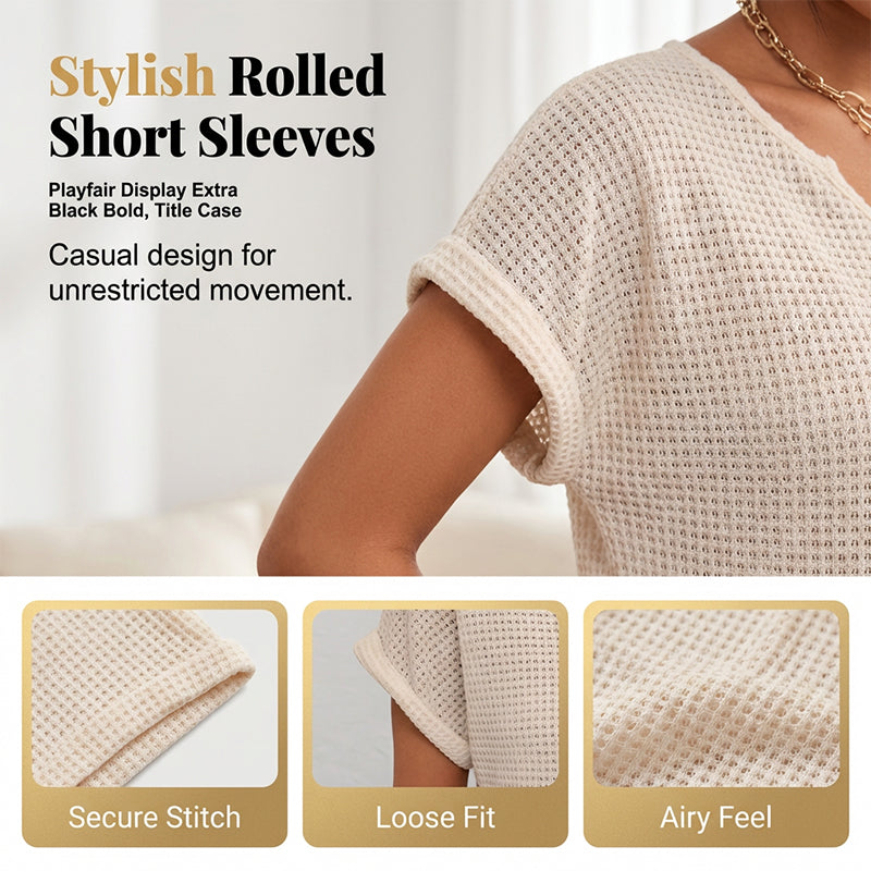 Women's Casual V Neck Waffle Knit T-Shirt