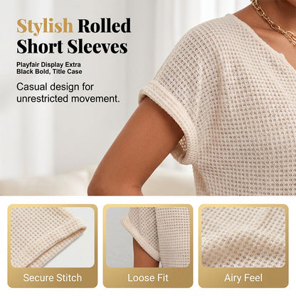 Women's Casual V Neck Waffle Knit T-Shirt