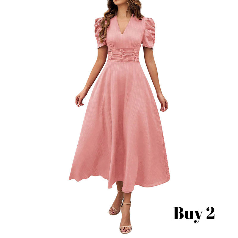Elegant V-Neck High Waist Dress with Puff Sleeve