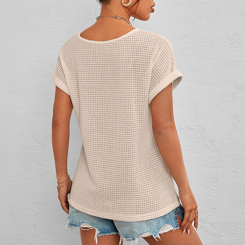 Women's Casual V Neck Waffle Knit T-Shirt