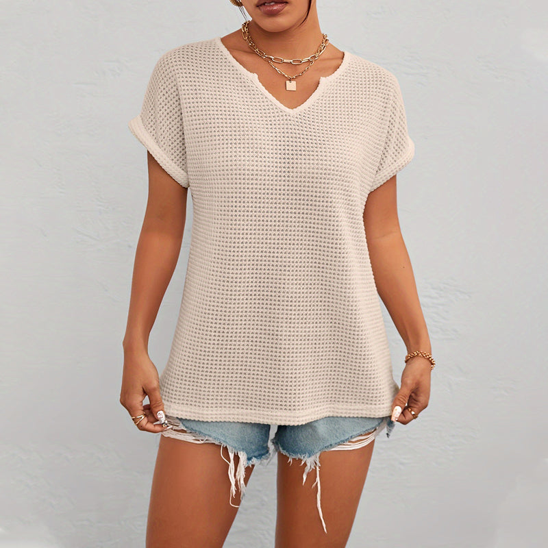 Women's Casual V Neck Waffle Knit T-Shirt