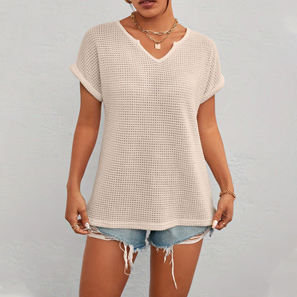 Women's Casual V Neck Waffle Knit T-Shirt