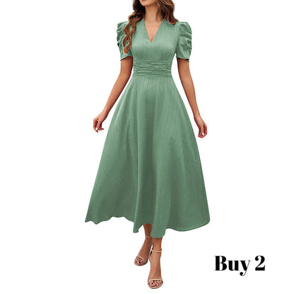 Elegant V-Neck High Waist Dress with Puff Sleeve