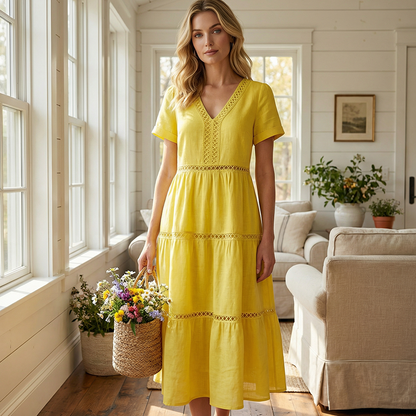 Women's Elegant V-Neck Lace Insert Dress
