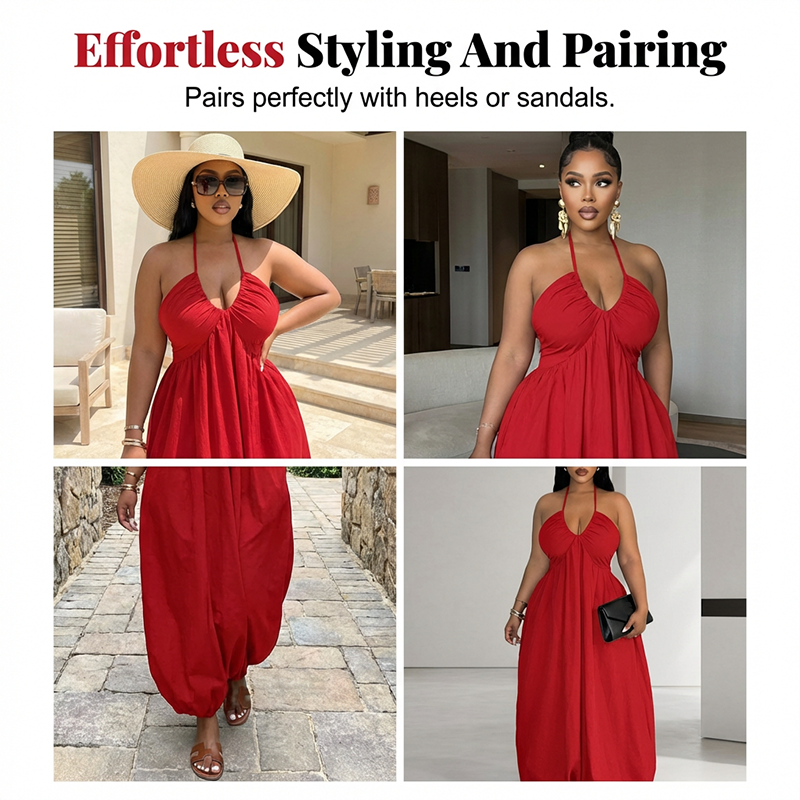 Women's Sleeveless Halter Neck Flowy Maxi Dress