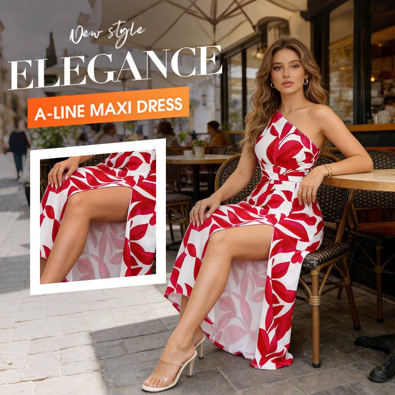One-Shoulder Leaf Print A-Line Maxi Dress