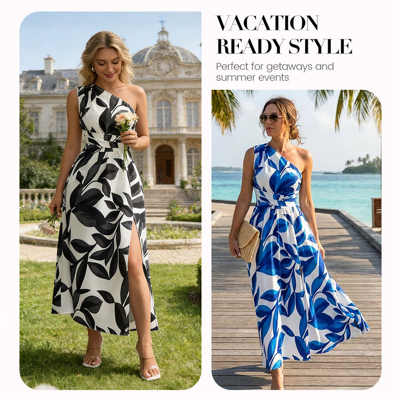 One-Shoulder Leaf Print A-Line Maxi Dress