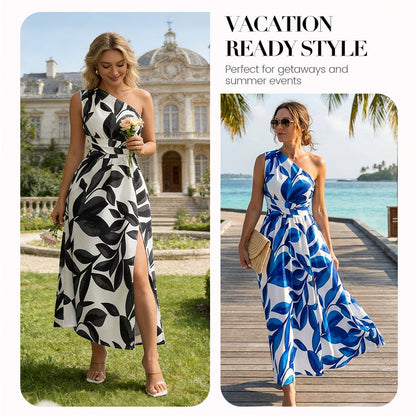 One-Shoulder Leaf Print A-Line Maxi Dress