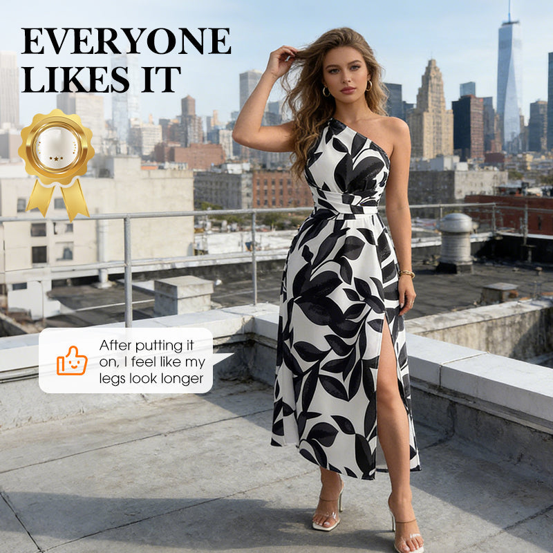 One-Shoulder Leaf Print A-Line Maxi Dress