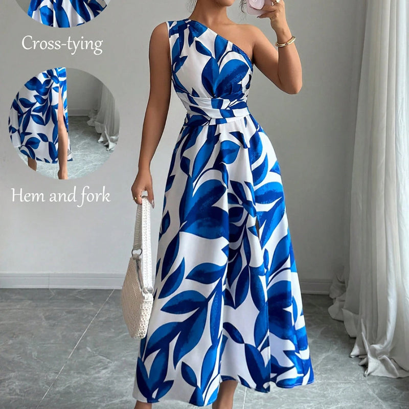One-Shoulder Leaf Print A-Line Maxi Dress
