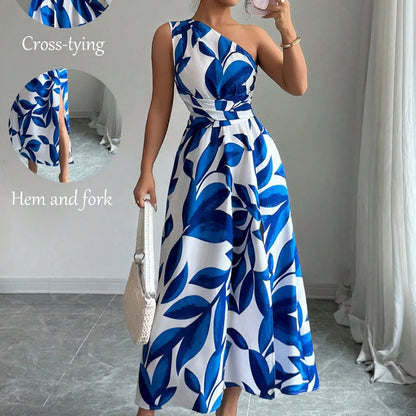 One-Shoulder Leaf Print A-Line Maxi Dress