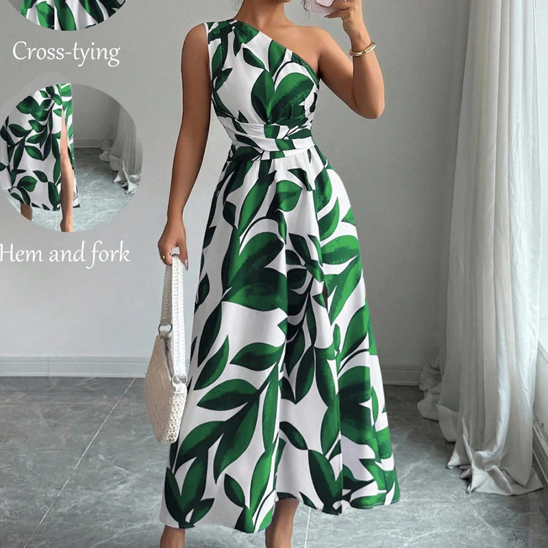 One-Shoulder Leaf Print A-Line Maxi Dress