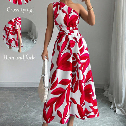 One-Shoulder Leaf Print A-Line Maxi Dress