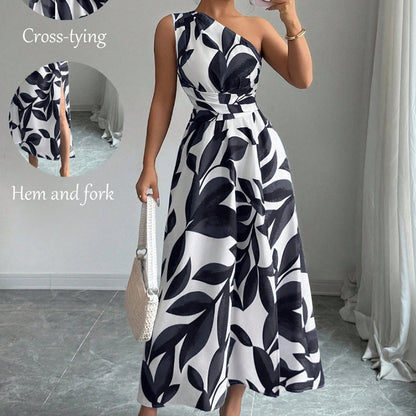 One-Shoulder Leaf Print A-Line Maxi Dress