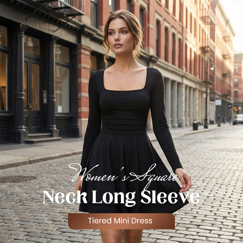 Women’s Square Neck Long Sleeve Tiered Mini Dress