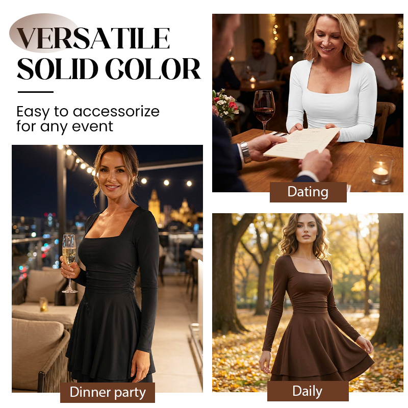 Women’s Square Neck Long Sleeve Tiered Mini Dress