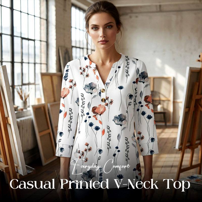 Casual Printed V-Neck Top for Women