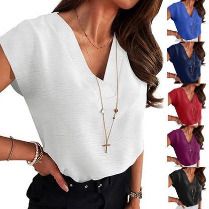 Women's Casual Solid Color V-Neck Short Sleeve Top