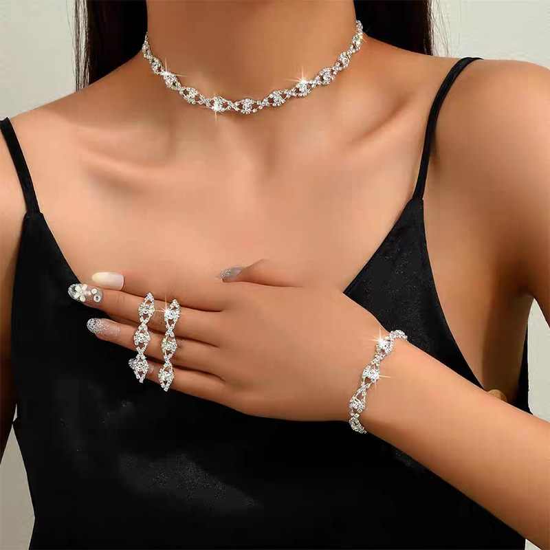 Sparkling Zirconia Jewellery Set : Necklace, Bracelet, Hanging Earrings