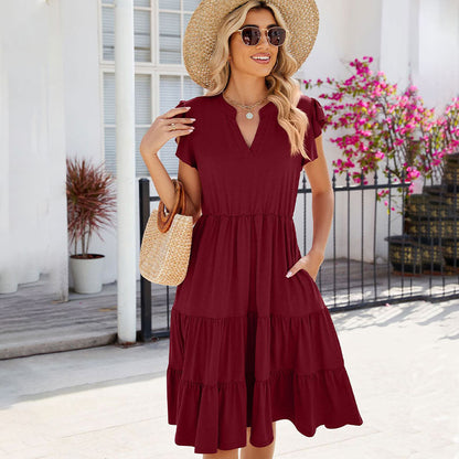 Solid Color V-Neck Short Sleeve Ruffle Dress